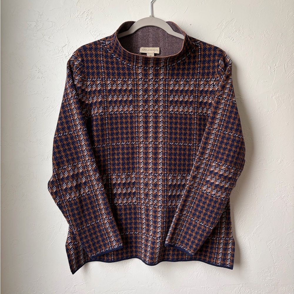 Appleseed’s Plaid Mock Neck Sweater Navy Brown Long Sleeve Classic Fit M